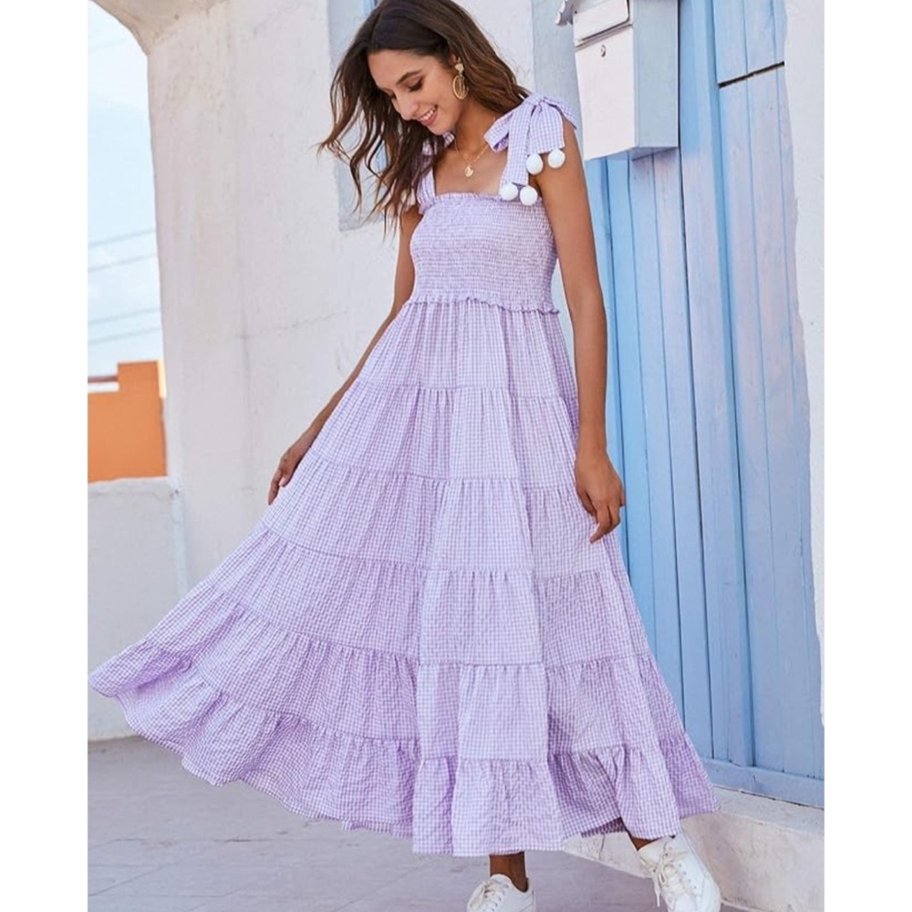 Fashion | Lavender Purple + White Gingham Print Smocked Square Neck Midi Dress